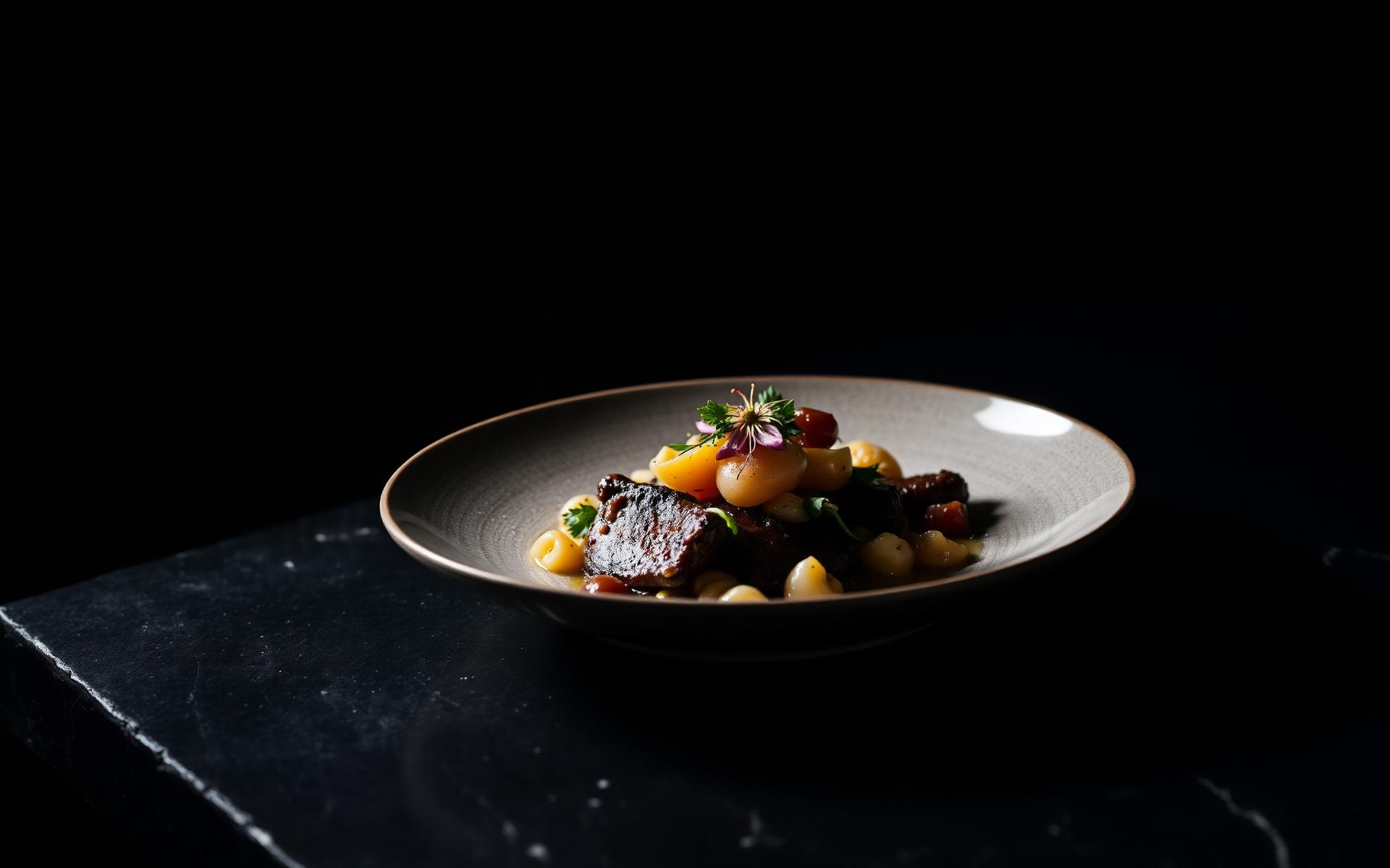 Fine dining plate on dark stone